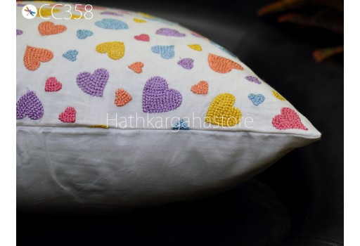 Hearts Embroidered Throw Pillow Square Decorative Pillowcases Sham Handmade Embroidery Cushion Cover Housewarming Bridal Shower Home Decor